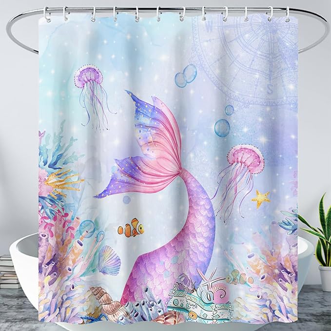 AILONEN Mermaid Shower Curtain,Blue Ocean Coral Jellyfish Coast Bathroom Curtain,Cartoon Mermaid Tail Print Kids Women Girls Bath Curtain 72" W*96" H Polyester Waterproof Shower Curtain with 12 Hooks