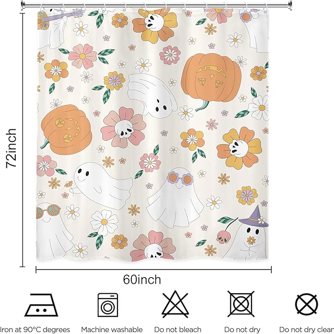 Halloween 70s Skull Pumpkin Shower Curtain 60Wx72L Inch Cute Retro Ghost 60s Hippie Groovy Holiday Flower Bathroom Set Accessories Decor Polyester Waterproof with 12 Pack Hooks