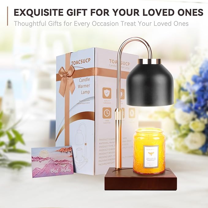 Candle Warmer Lamp with 3 Bulbs, Adjustable Height Dimmable Candle Warmer with Timer, Compatible with Large Jar Candles, Candle Lamp with Charming Gift Box Ribbon for Her/Him(Black)