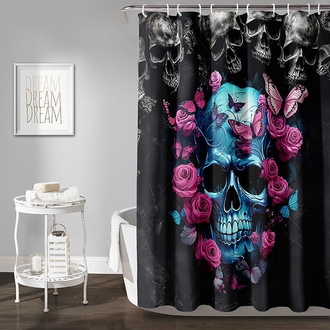 AILONEN 3D Skull Shower Curtain,Oil Ren Rose with Skeleton Design Shower Curtain Set with Hooks for Boys Girls Teens,Gothic Skull Waterproof Fabric Shower Curtain for Bathroom,72" W*96" H