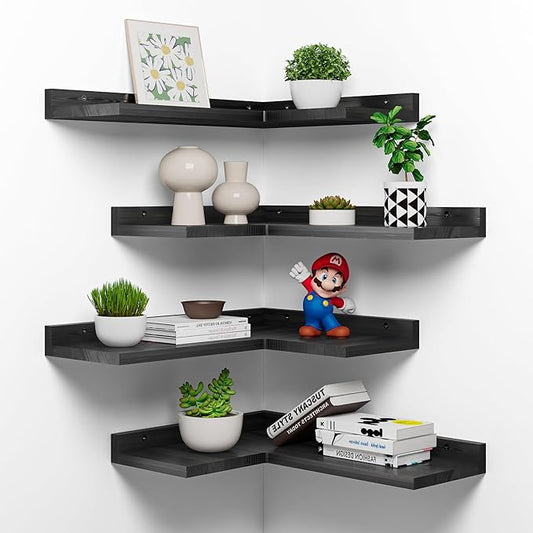 4-Tier Corner Floating Shelves, Rustic Pine Corner Shelves Wall Mounted, L-Shaped Floating Corner Shelves for Wall Storage, Creative Corner Wall Shelves for Bedroom,Bathroom&Any Room-Black