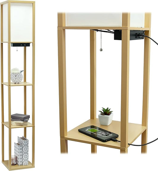 Simple Designs LF1037-TAN Floor Lamp Etagere Organizer Storage Shelf with 2 USB Charging Ports, 1 Charging Outlet and Linen Shade, Tan