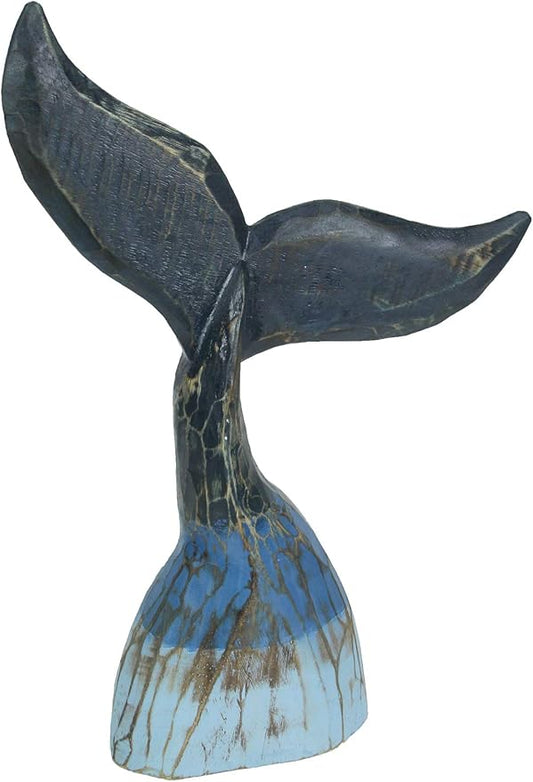 Exquisite Coastal Blue Carved Wooden Whale Tail Sculpture - 16-Inch High Tabletop Statue Ideal for Nautical Home Decor, Beach Houses, and Coastal-Themed Spaces