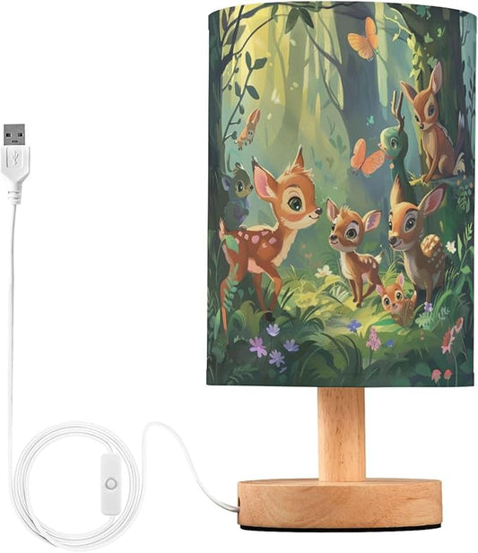 Table Lamp Forest Animal Deer Fox Butterfly Bird Flower Nightstand Lamp with Wood Base Fabric Lamp Shade Bedside Desk Lamp for Living Room Bedroom Kids Room Office