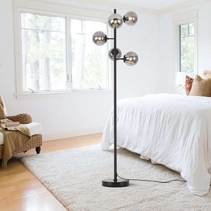 KCO Lighting Smoked Glass Modern Globe Farmhouse Black Standing Multi-Head Floor Lamps for Living Room, Bedrooms, Office