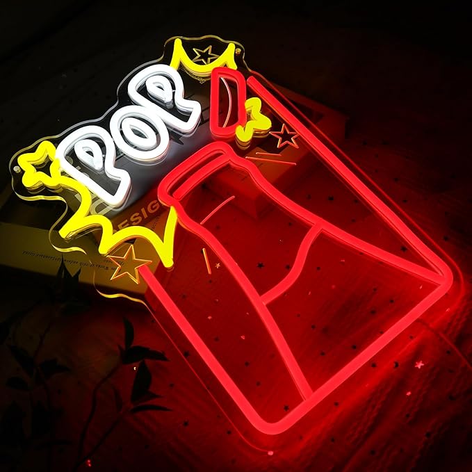Pop Neon Sign for Wall Decor, Drink Led Signs for Bar, USB Dimmable Pop Champagne Neon Lights for Beer Bar Hotel Cafe Nightclub Restaurant Man Cave Home Bedroom Party Decoration