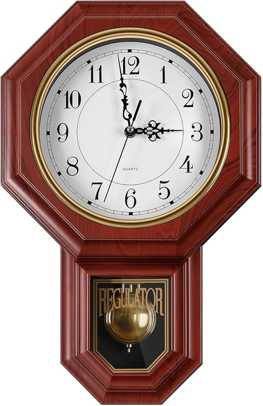 Regulator Wall Clock with Pendulum,Imitation Red Wood Plastic Wall Clock Battery Operated,Vintage Decorative Wall Clocks for Living Room,Farmhouse,Office,Bedroom,Kitchen,Wall Decor