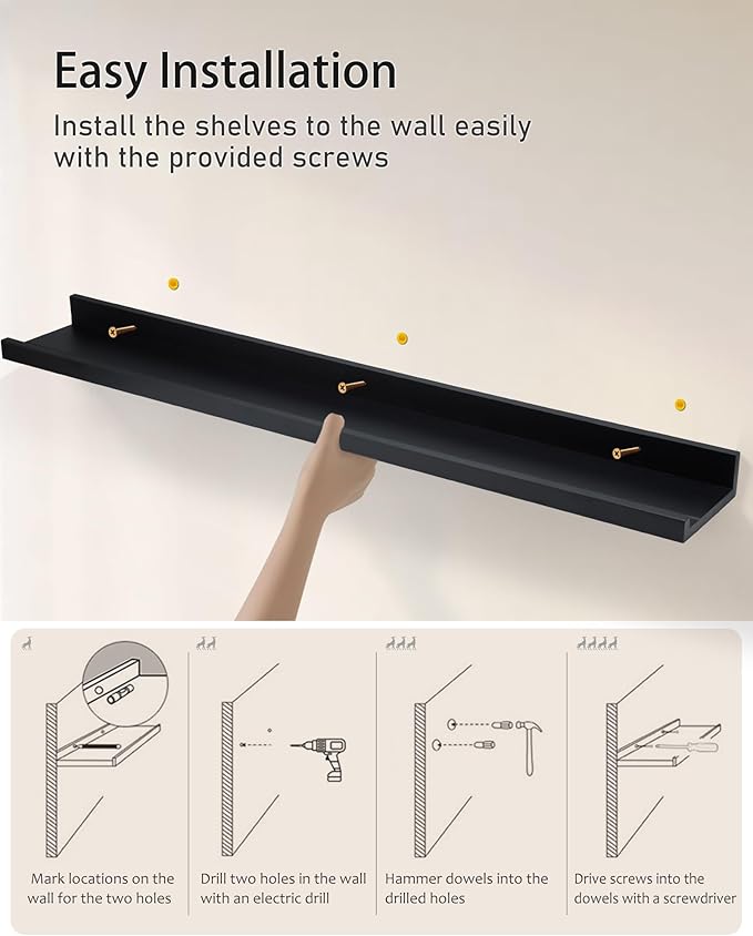 MBYD 36 Inch Floating Shelves Black, Wooden Hanging Shelves Picture Ledge Shelf, Photo Ledge Shelves for Wall with Lip Set of 2, Wall Mounted Shelf for Bedroom Kids Room Bathroom Same Sizes