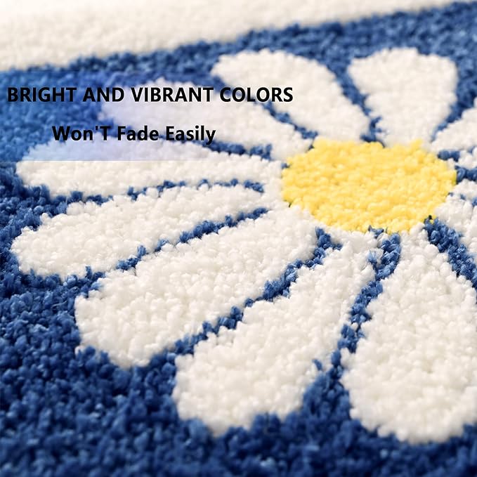Fluffy Bath Mat, White Flower Soft Superfine Fiber Non Slip Machine Wash Plush Mats, Shower Room (20x32, Blue)