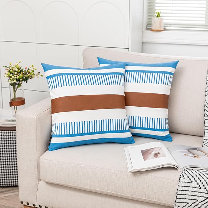 18x18 Throw Pillow Covers Set of 2 Farmhouse Rustic Pillow Case Decorative Boho Cushion Cover for Living Room Sofa Bed Couch Accent Faux Leather Pillow Case,Blue