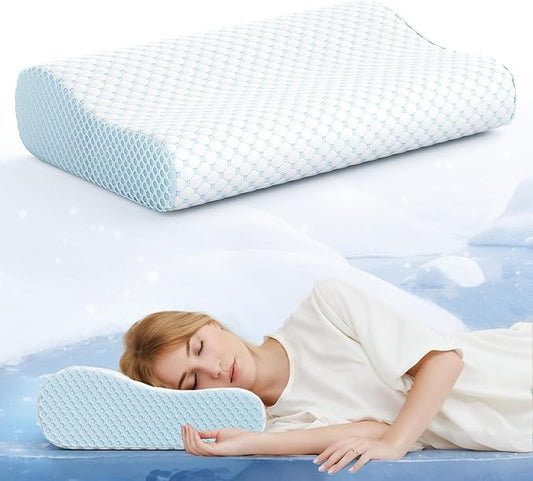 Memory Foam Contoured Pillow - 2 Hieghts Orthopedic Pillows for Neck Pain Relief- Soft Memory Foam Pillow for Sleeping- Ergonomic Pillows for Side, Back, Stomach Sleepers (Blue White)