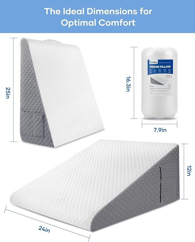 Forias Wedge Pillow 24 * 24 * 12in Bed Wedge Pillow for Sleeping After Surgery Triangle Pillow Wedge for Acid Reflux Gerd Snoring, 1.5in Memory Foam Top, Removable Cover