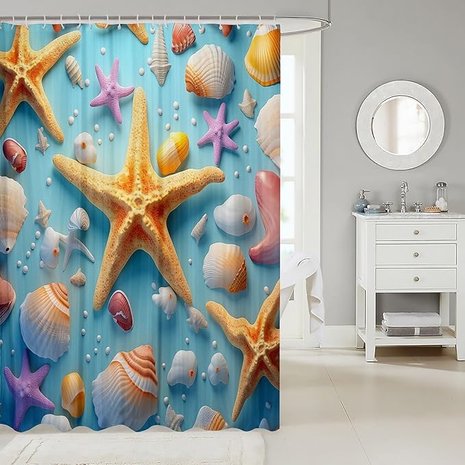Feelyou Starfish Fabric Shower Curtain Seashell Shower Curtain for Teens Blue Ocean Bathroom Waterproof Accessories with 12 Hooks Summer Curtains,72x84 Inches