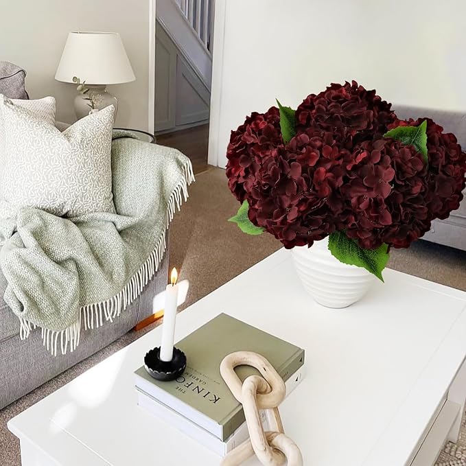 5Pcs Burgundy Silk Hydrangea Artificial Flowers, 20Inch Large Lifelike Flowers,Halloween Christmas Artificial Hydrangeas for Indoor Bouquet Table Centerpieces Floral Arrangements Home Wedding