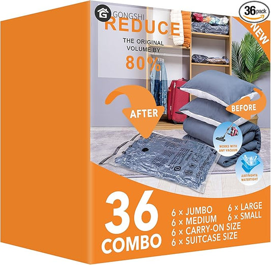 36 Pack Vacuum Seal Bags For Clothing,(6 Jumbo, 6 Large, 6 Medium, 6 Small, 6 Travel roll up bags,6 small Travel roll up bags) Space Saver Bag for Clothes, Blanket, Duvets, Pillows, Comforters