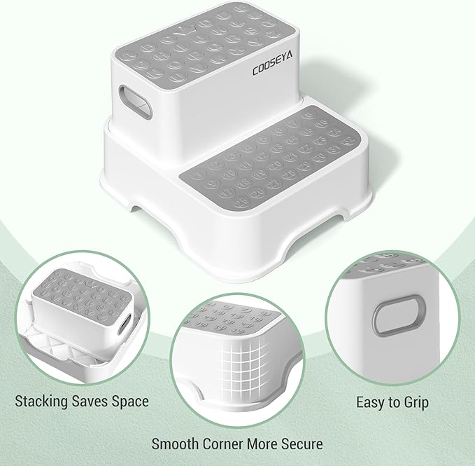 2 Step Stools for Kids,Toddler Step Stool for Bathroom Sink,No-Slip Double up Step Stool for Toddlers Bathroom, Multifunctional Toilet Step Stool for Kids,Toilet Potty Training(2 Packs)