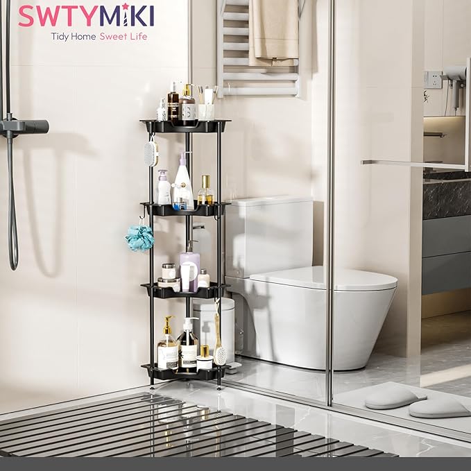 SWTYMIKI Corner Shower Caddy Standing - 4 Tier Floor Standing Shower Organizer with 4 Hooks, Plastic & Stainless Steel Waterproof Corner Stand Shower Shelf Storage Rack for Bathroom, Bathtub, Black