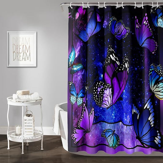 AILONEN Butterfly Shower Curtain for Bathroom Mystic Purple Galaxy Starry Decor Bath Curtain 60" W*72" H Polyester Fabric Waterproof Bathroom Curtain with 12 Hooks