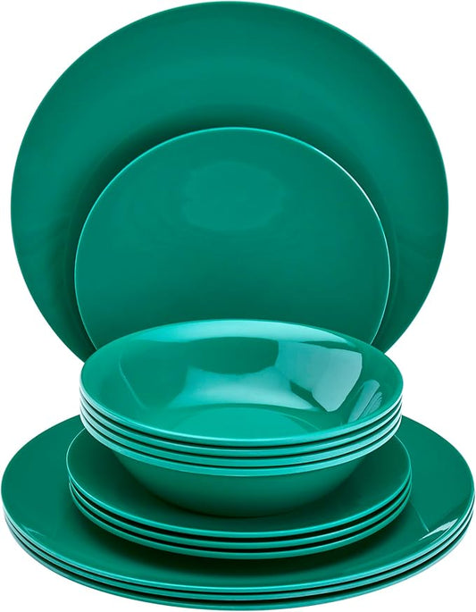 Tabletops Gallery 12 Piece Dark Green Melamine Dinnerware Set Plates Bowls for Indoor Outdoor Use, Service for 4, Emerald