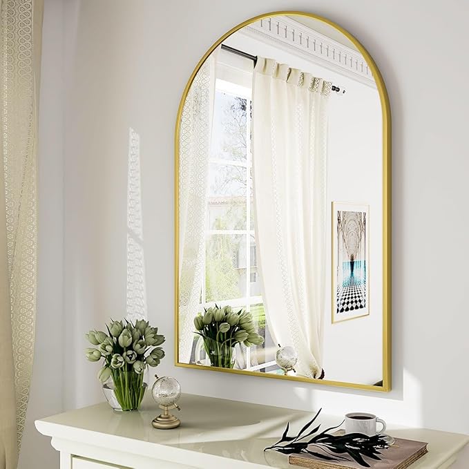 Arched Wall Mirror, 32 x 48 inch Arch Bathroom Mirror, Wall Mounted Vanity Mirror with Arch Metal Frame, Modern Bathroom Vanity Mirror for Bedroom, Living Room, Hanging or Leaning, Gold