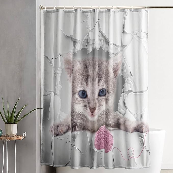 AILONEN 3D Kawaii Cat Shower Curtain, Beautiful Fuzzy Ball Kitten Shower Curtain for Kids Girls Boys Bathroom Decor,Cute Pet Animal Cat Lover Waterproof Shower Curtains Sets with Hooks,72" W*78" H