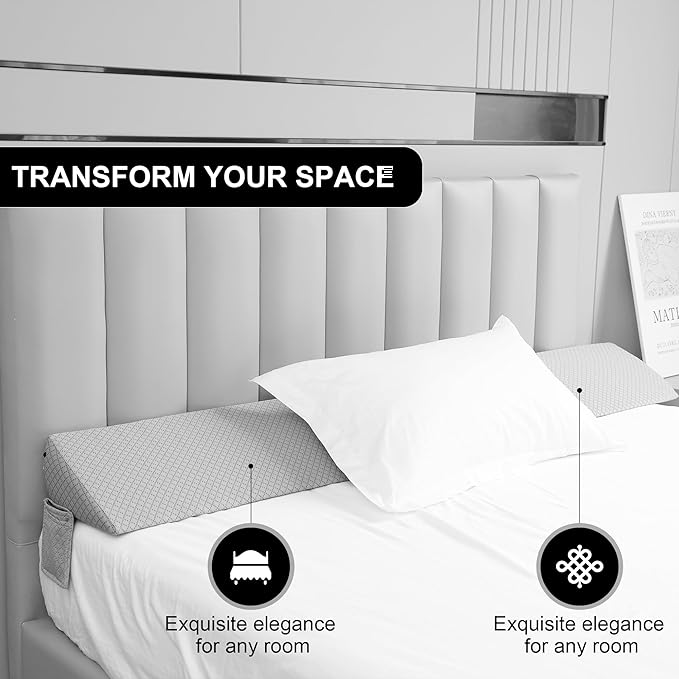 King Bed Wedge Pillow for Headboard,Foam Headboard Pillow Wedge,Bed Gap Filler,Mattress Wedge,Mattress Gap Filler - Fill The Gap (0-8") Between Headboard and Mattress (Gray, 76"x10"x8")