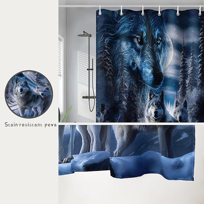 AILONEN Boys Snow Wolf Shower Curtain for Bathroom Decor,3D Night Galaxy Starry Wolf Decor Bath Curtain 72" W*78" H Polyester Fabric Waterproof Bathroom Curtain with 12 Hooks