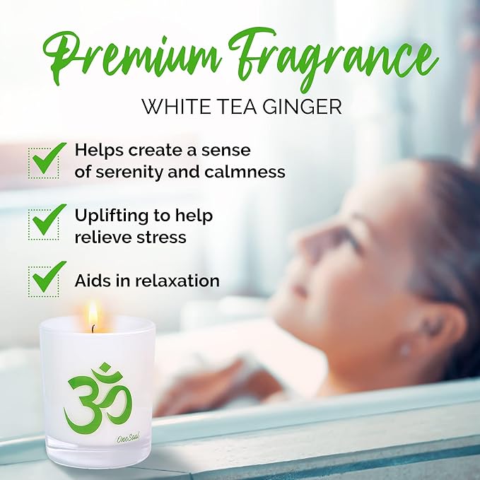 White Tea Ginger Aromatherapy Scented Candles, Luxury Spicy Lemony Citrus Yoga Candles for Home Scented with Om Design, Hand-Poured Soy Candles, 50 Hours Burning Time, 7.6 oz. - OneSoul Collection
