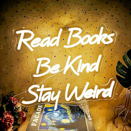 Read Books Be Kind Stay Weird Neon Sign, 15”x13”USB Powered Read Books Neon Signs for Wall Decor Dimmable, Neon Light Sign for Classroom Reading Room Bookstore, Warm White