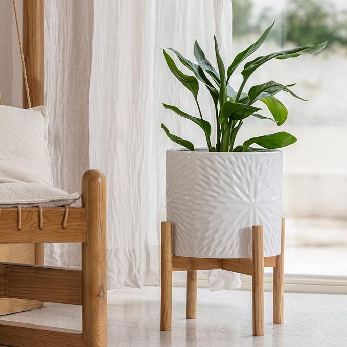 LA Jolie Muse Large Ceramic Planter with Stand Included,10 Inch Unique Modern White Plants Pot,Mid Century Indoor Planter with Wood Planter Holder with Drainage
