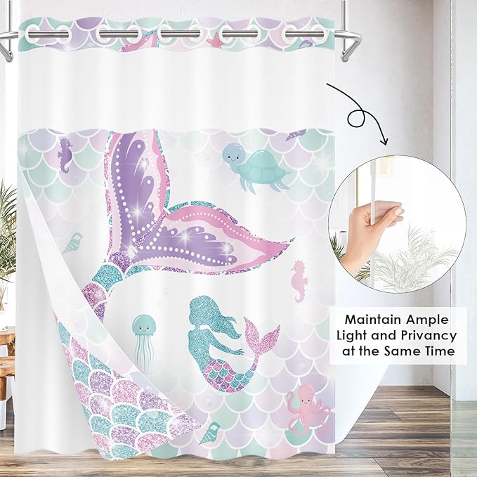 Pink Mermaid Tail Glitter No Hook Shower Curtain with Snap in Liner, Coral Starfish Turtle Bath Curtain with Double Layers Waterproof Fabric and Mesh Top Window 71x74 Inch