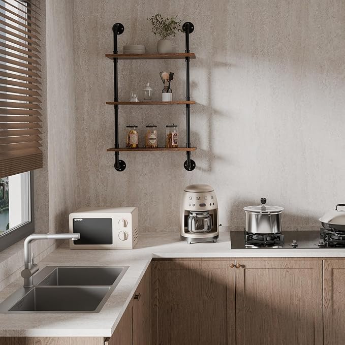 3 Tier Industrial Pipe Shelf Hanging Bookshelf,Industrial Wall Shelves Floating Shelves,Wall Mounted Rustic Wood Pipe Shelving for Kitchen Office Bathroom