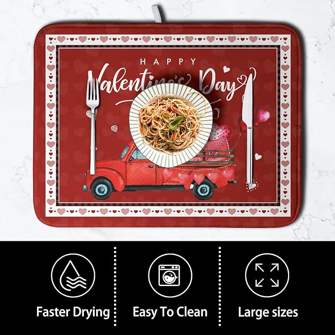 Happy Valentine's Day Dish Drying Mat for Kitchen Red Love Heart Truck Plaid Drying Mats Super Absorbent Dishes Drainer Pad Reversible Microfiber Dish Drying Rack Mat for Kitchen Counter 18x24 Inch