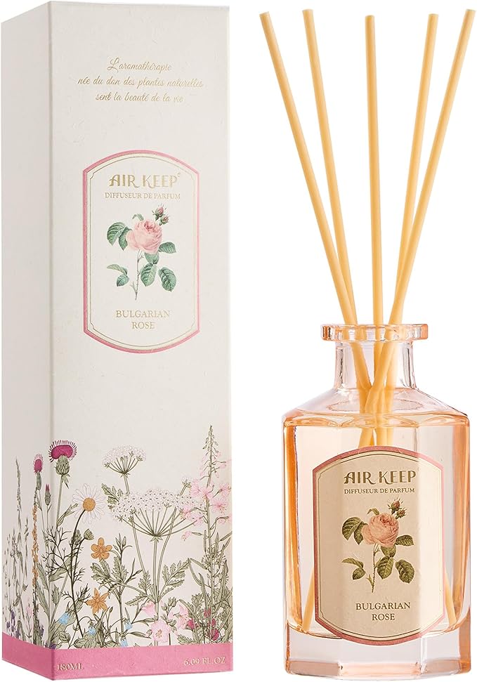 Airkeep Reed Diffuser Set-6.09 oz (180ml) Rose Bulgarian Scented Diffuser with 8 Reed Sticks Home Fragrance Oil Diffuser for Bathroom Shelf Decor