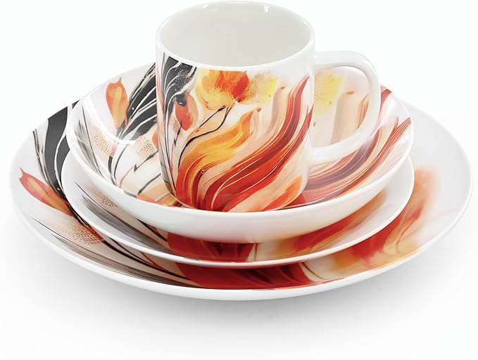 Elama Tulip Fields 16 Piece Abstract Floral Round Porcelain Dinnerware Set, Tableware Set, Serveware Set (Tulip Fields)