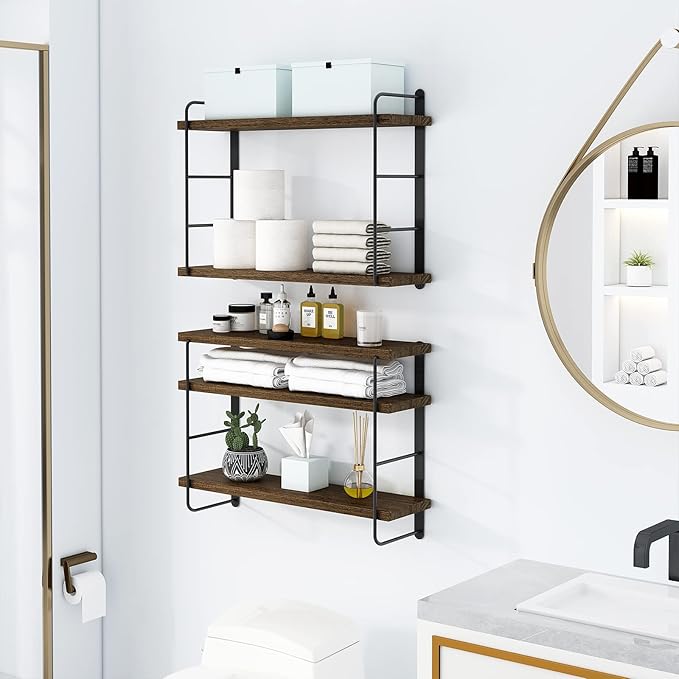 Wall Mounted Floating Shelves, Wall Shelves, Rustic Wall Decor Wood Shelves for Bedroom, Living Room, Bathroom and Kitchen Storage, Easy Installation (5, Brown)