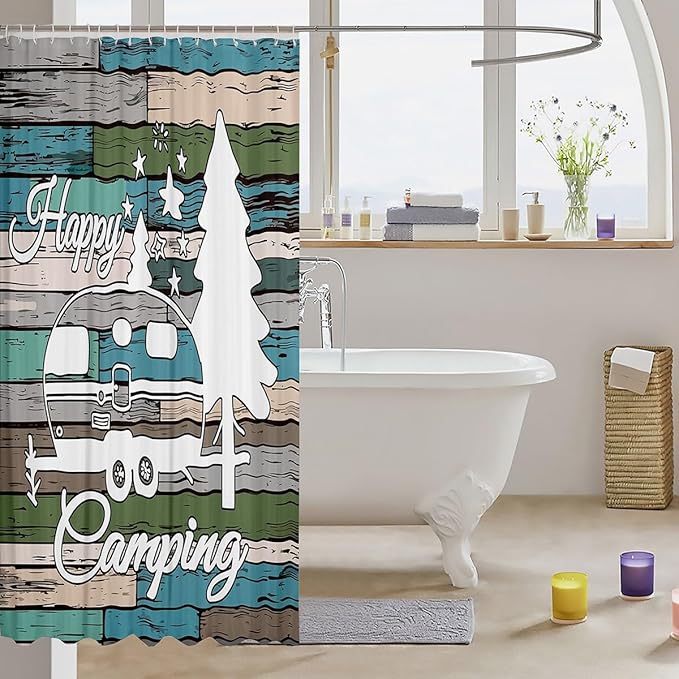 Feelyou Happy Camping Shower Curtain Camper Fabric Shower Curtain Kids Boys Girls Camping Print Decor Bathroom Waterproof Accessories with 12 Hooks Rustic Vintage Farmhouse Style Curtains,72x78 Inches