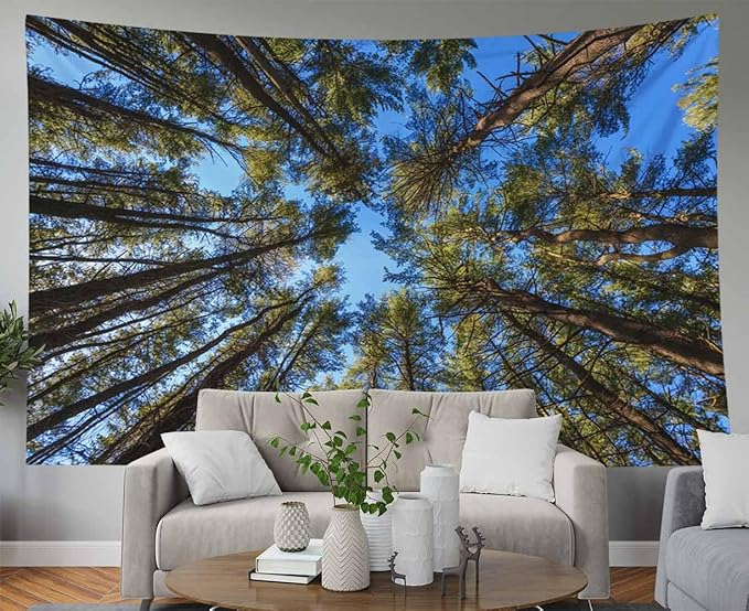 EMMTEEY Forest Tapestry Spring Green Straight Pine Trees Forest Wall Tapestry Nature 80X60 Big Tapestry Christmas Photography Backdrops Large Wall Decor