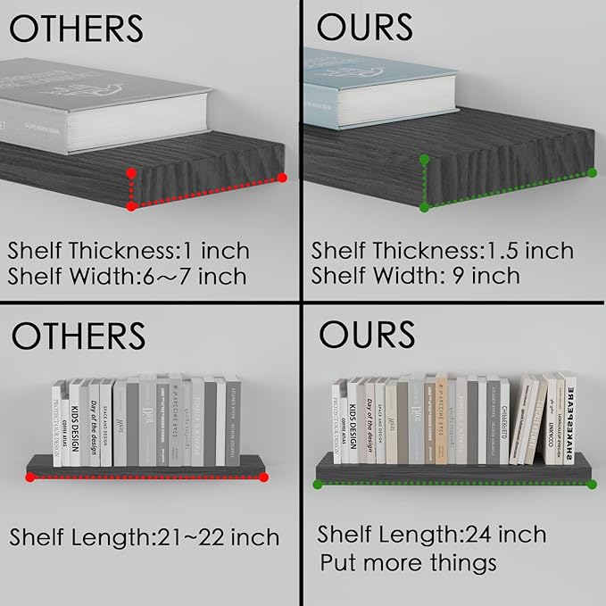 Floating Shelves for Wall - 24 x 9 Inch Natural Wood Shelves for Bathroom, Bedroom, Kitchen Decor, Farmhouse Decor Set of 2, Black