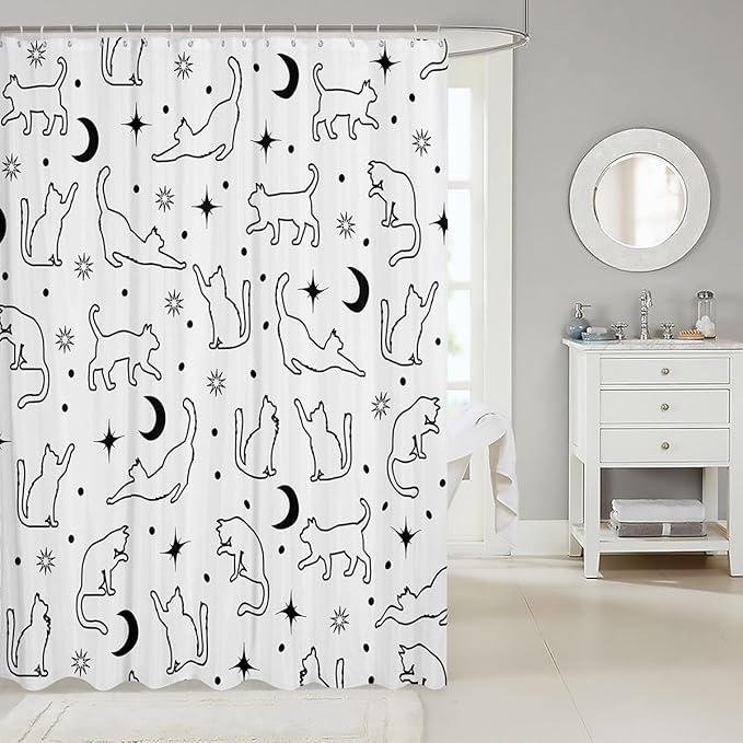 Cartoon Cat Silhouettes Kids Shower Curtains,Sun Moon Starry Sky Trippy Bathroom Curtains for Girls Boys,Cute Cats Hand-painted Boho Black White Waterproof Curtains,12 Hooks Suits,72"W x 78"L