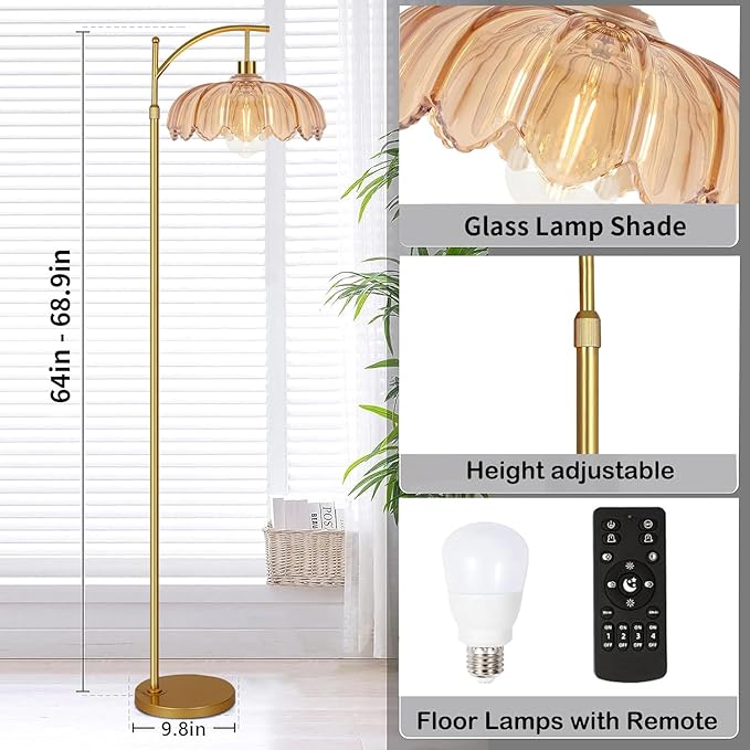 Boho Floor Lamp for Living Room Bedroom with Remote Rattan Standing Lamp Dimmable Arc Black Farmhouse Wicker Bamboo Lamp Shade Floor Light Adjustable Tall Lamp Industrial Floor Lamps Bohemian