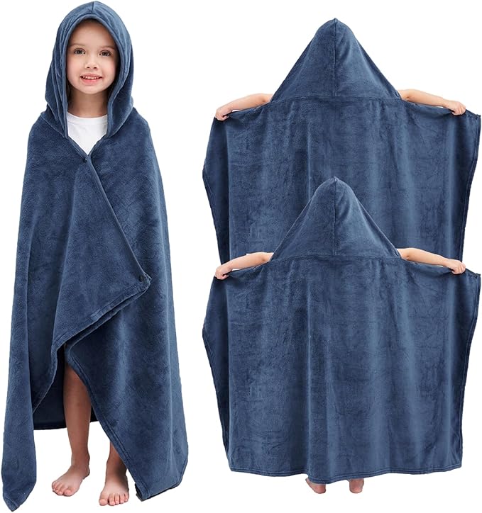Hiturbo 2Pcs Kids Fleece Hooded Towel: Soft Plush Warm Blanket - 50"x30" Pool Beach Bath Swim Towel Wrap for 3-12 Yrs (Navy)