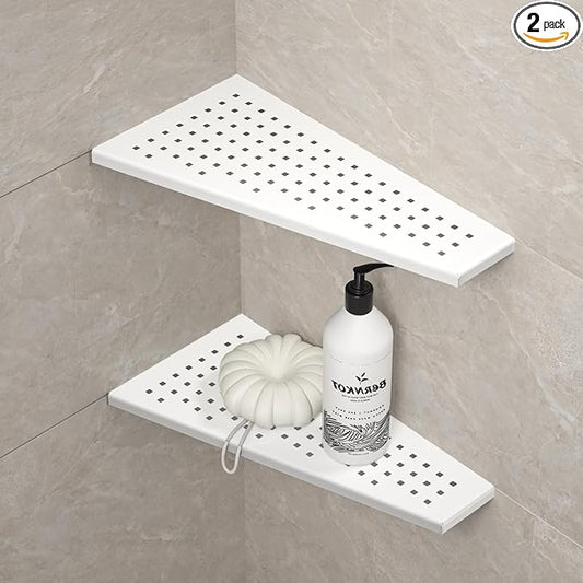 Corner Shower Shelf, 12" Trapezoid Bathroom Shelf 304 Stainless Steel Grout in Shelf for Tiled Wall, No Drilling Needed (White, 12"-2 Pack)