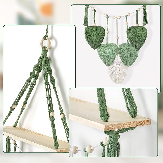 Macrame Wall Hanging Shelf Wood Floating Storage Shelf Boho Woven Leaf Wall Decor Plant Hanger for Photo Display Bedroom Living Room Nursery Decor
