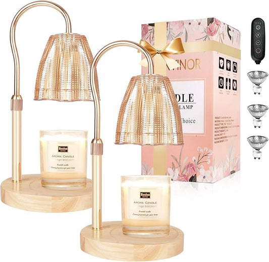 Candle Warmer Lamp with Timer & Dimmer, Candle Warmer Height Adjustable, Fits All Jar Scented Candles, Candle Lamp with 3 Bulbs, Charming Gift Box with Ribbon for Gifting(2 Pack)