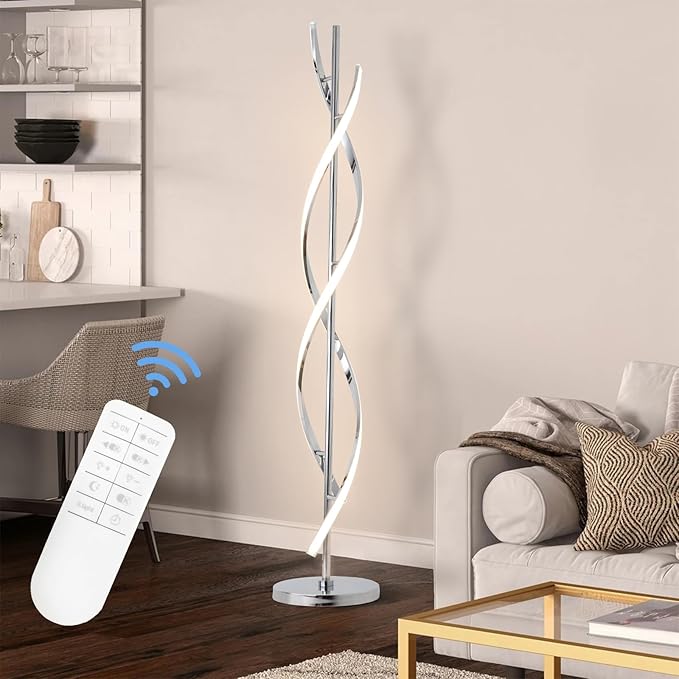 ADISUN 40W LED Modern Floor Lamp Remote Control Dimmable Spiral Floor Lamp Indoor Tall Lamp Floor Lamps for Living Rooms Family Rooms Bedrooms Offices Lighting (Silver)