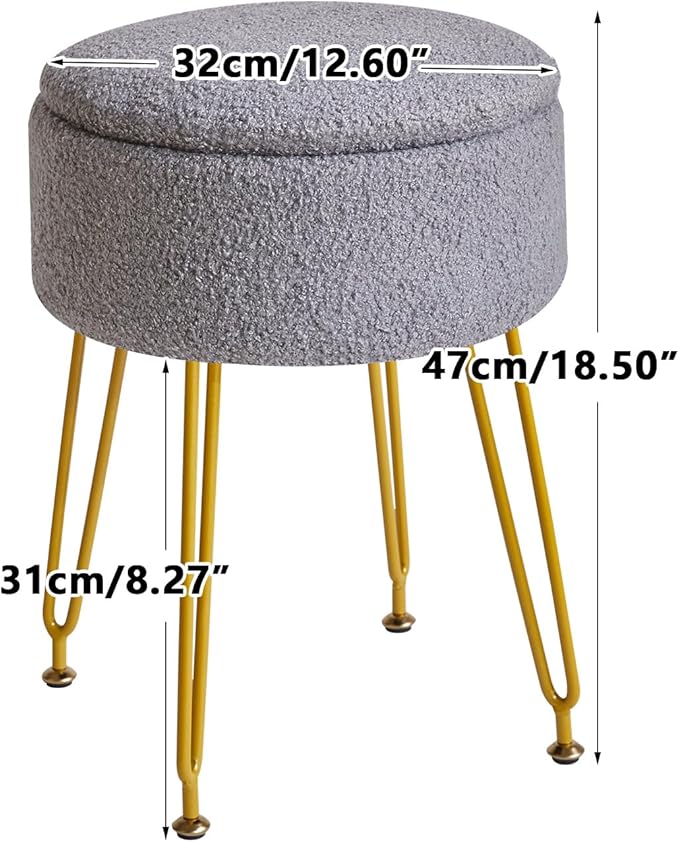 IBUYKE Teddy Velvet Storage Footrest Stool Ottoman, Makeup Vanity Stool Side Table with Removable Cover, Golden Steel Legs, Coffee Table Top Cover, Gray WBD010G