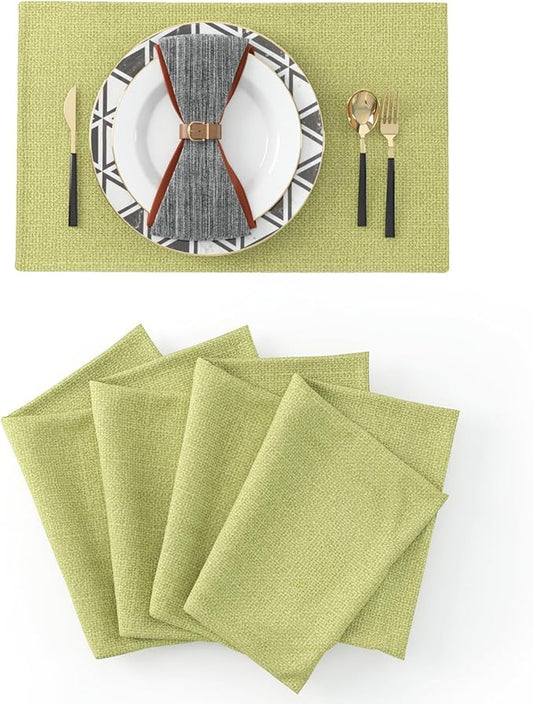 Set of 4,Soft Caddice Faux Linen 2 Side Place Mats Heat Resistant Dining Table Place Mats Kitchen Table Mats 12 x 18 Green
