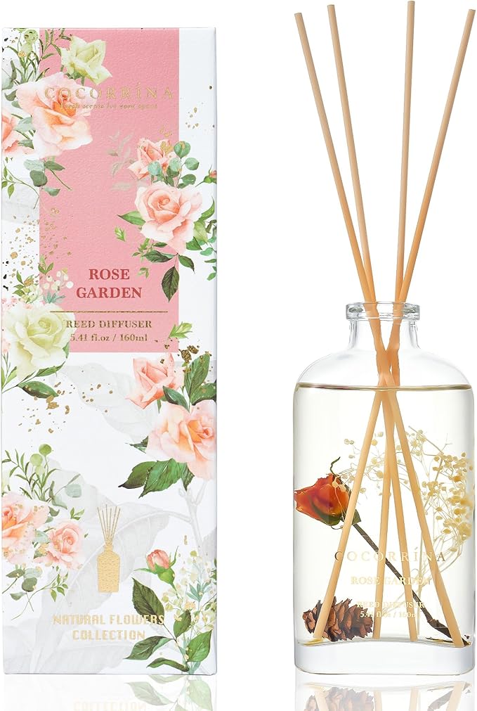 COCORRÍNA Reed Diffuser - Rose Garden 5.41 oz Flower Reed Diffuser Set with Sticks, Bedroom Bathroom Shelf Decor (Scented Blooms Collection)