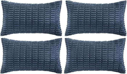 Fancy Homi 4 Packs Dusty Blue Decorative Throw Pillow Covers 12x20 Inch for Living Room Couch Bed Sofa, Rustic Farmhouse Boho Home Decor, Soft Plush Striped Corduroy Square Cushion Case 30x50 cm